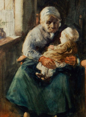 „Grandmother & Child“ Jozef Israels (1824-1911) Old 19th C. Watercolor Painting.