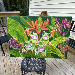 Vikki Matheson Art – Frog Painting with Tropical Leaves & Flowers Unframed