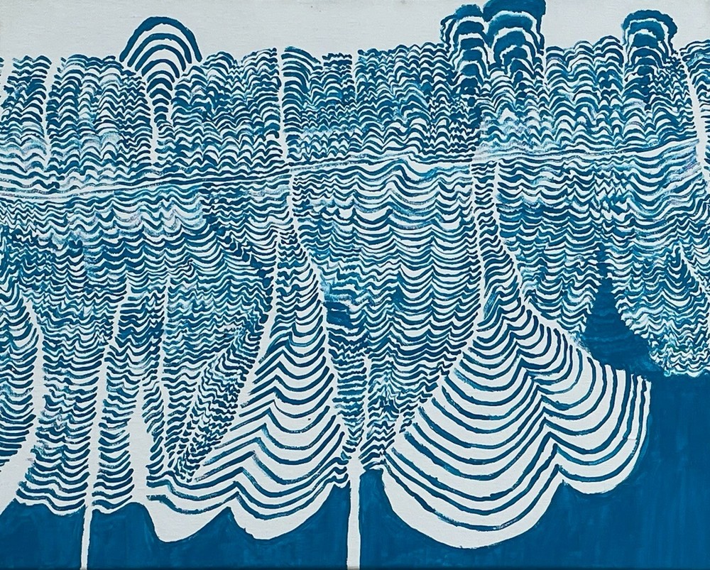 Original Abstract „Line Drawing“ Painting on Canvas Blue and White Signed 