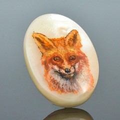 Original Hand Painted Fox Mother-of-Pearl Shell Cabochon Miniature Art 25x18mm