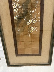 Japanese Painting on Woven Gold Crepe Paper 2 Birds Branch Floral Antique 9×22.5