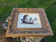 Vtg Ocean Ships Sailboats Ornate Gold Wood Framed Painting Art Oil Canvas Signed
