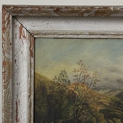 Antique Folk Art Bucolic Landscape with Sheep and River, Signed (1928, OOC)