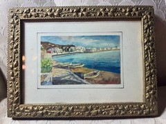Vintage „Coastal Landscape With Boats Scene“ Watercolor Painting – Signed/Framed