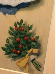 Rare Antique Illustration Art Painting Child Hat Berries Bursting Through Paper