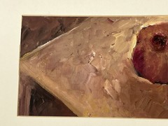 Still Life Oil Painting of Three Pomegranates on Table – Matted Study 10×19”