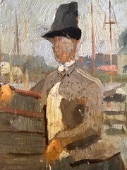 19th Century French Impressionism Woman and his Dog by the Seine Antique Oil