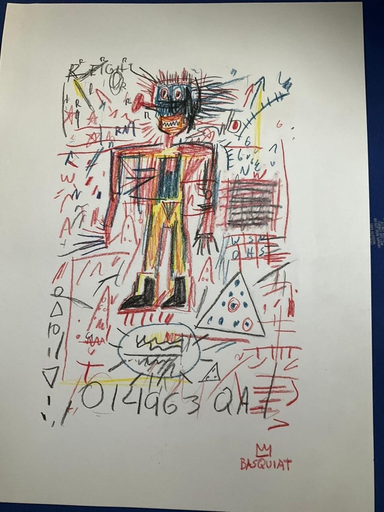 BASQUIAT – painting drawing 11.8 x 15.7 in on old paper signed stamped