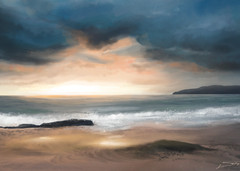 20×14 Inch Wall Poster – Stormy Cloudy Ocean Coast Landscape Sunset Oil Painting