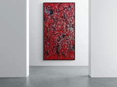 XXL Jackson Pollock Style Red & Black Abstract Textured Painting 59×30 in