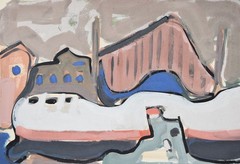 Gerhard Gerd Thelen 1920-1997 Oldenburg / Gouache 1954 Ships Port Shipyard