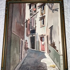 Vintage 1959 European street landscape watercolor painting signed hand painted