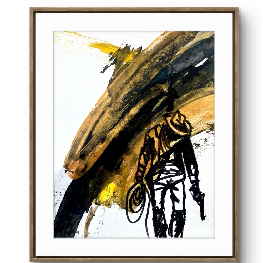 TITA PAINTZ Brown Gold Cowboy Portrait Original Painting 9×12 Wall Art