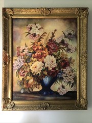 Antique Oil Painting of Flowers on Canvas in Gilt Gesso Frame M. Raynes 25×30”