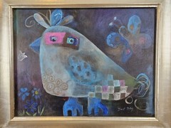 VTG Original Signed Dorit Riley Painting 25.5×21.5 Framed Abstract Modern Bird