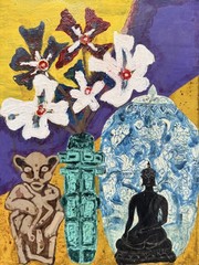 Original Contemporary Folk Art Still Life Painting Flowers Buddha Canvas Art