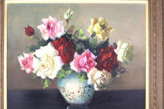 Antique Floral Still Life Oil Painting On Canvas Signed Illegible