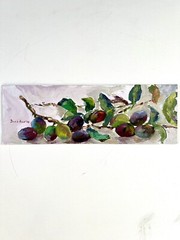 still life of plums original oil painting on cardboard 15×5 Inch