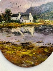 Original Oil Painting Oval Landscape Irish Cottage on the lake Textured Art 6×8