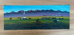 T. NARMANDAHK Mongolian Art – 15 3/4” x 5 7/8” Yurt & Horses Painting – SIGNED