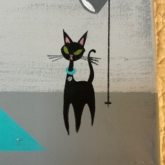 Atomic hand painted original PAINTING modern 50s Jetson look rocket cat