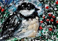 ORIGINAL ACEO PAINTING Black Cap CHICKADEE Winter BIRD Snow Tree Nature ATC ART