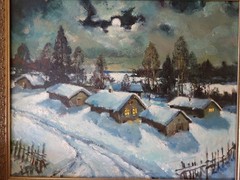 Russian Snow Scene,by Moonlight, Fine Framed Oil Painting,Signed.