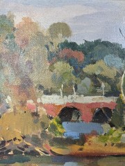FRED D PENNY ST MARYS SEMINARY BRIDGE ILLINOIS LANDSCAPE VINTAGE OIL PAINTING