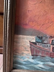 Vintage Signed Seascape Fishing Boat Oil Painting Gilt Carved Wood Frame