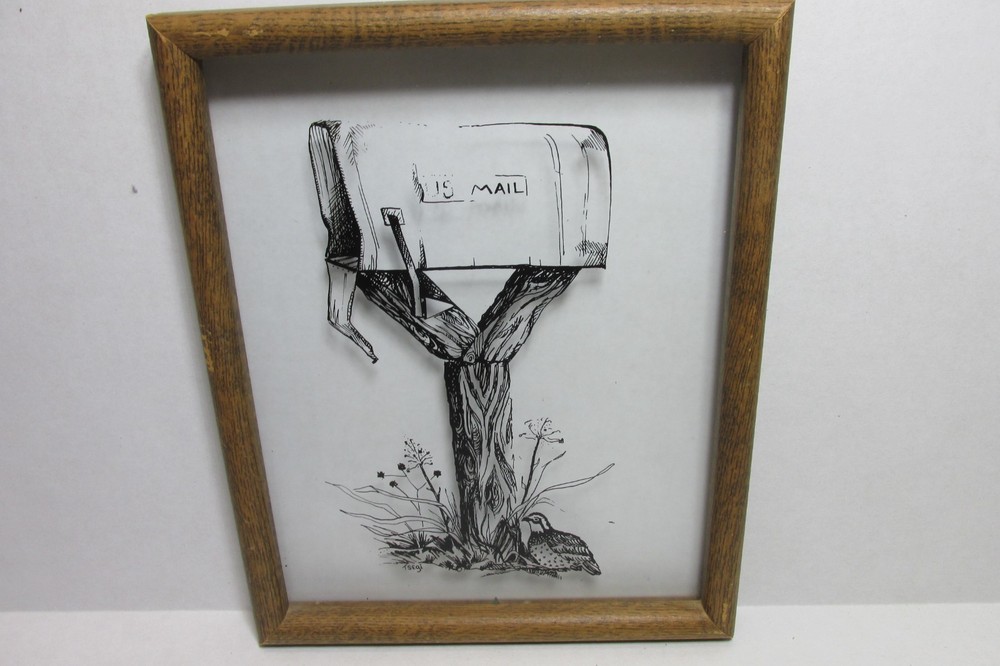WOOD FRAMED 8-3/4″ x 11″ RURAL MAILBOX PAINTED on CLEAR GLASS PICTURE