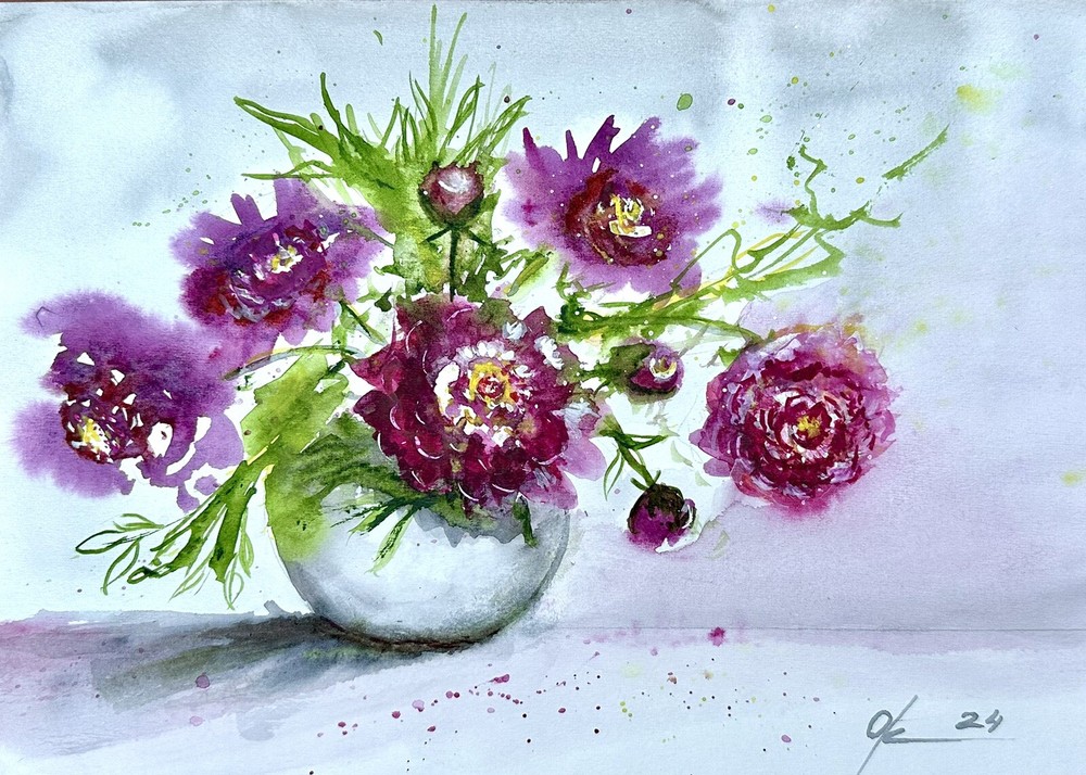 Pink peonies In Vase Original Watercolour purple flowers, Style Life bouquet