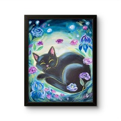 Black Cat Painting Floral Blue Pink 14X11 Canvas ORIGINAL ART MODERN HOME