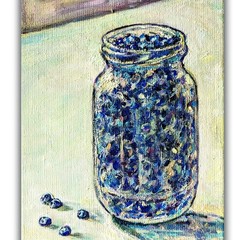Blueberry Still Life Original Oil Painting Rustic Kitchen Art on Canvas 9×7″