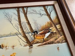 Vintage Geese W Chicks In Marsh Oil Painting By R SMITH, Wooden Framed, 18×22”