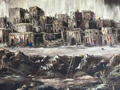 D EDGAR NEW MEXICO ARTIST ORIGINAL PUEBLO VILLAGE OIL PAINTING CANVAS 20″ X 30″