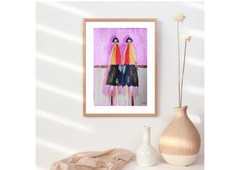 Original Naive Art Twins Girls Portrait Business Women Colorful Painting People