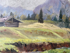 Oil Painting Spring Voralpen Meadows Alm Hut Bach River Shore Antique Mountains