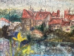 Painting Mischtechnik City At Shore Frame Modern Port North German Baltic Sea