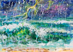 ORIGINAL ACEO Painting OCEAN Storm Lightning RAIN Waves Shore Beach Sea ATC ART