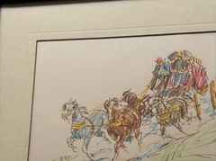 Marjorie Reed DRAWING STAGE COACH WESTERN WAGON PEOPLE SIGNED LISTED FAMOUS RARE