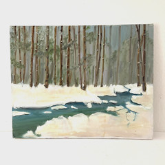 Vintage Impressionist Painting 20×16″ Winter Wooded Stream Landscape