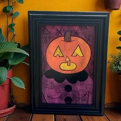 Original Painting Pumpkin Girl Jack O’lantern #3 framed Ooak Dark art Halloween