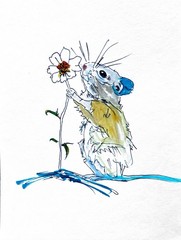 TITA PAINTZ Little Mouse And Flower Original Abstract Ink Painting 9×12 Wall Art