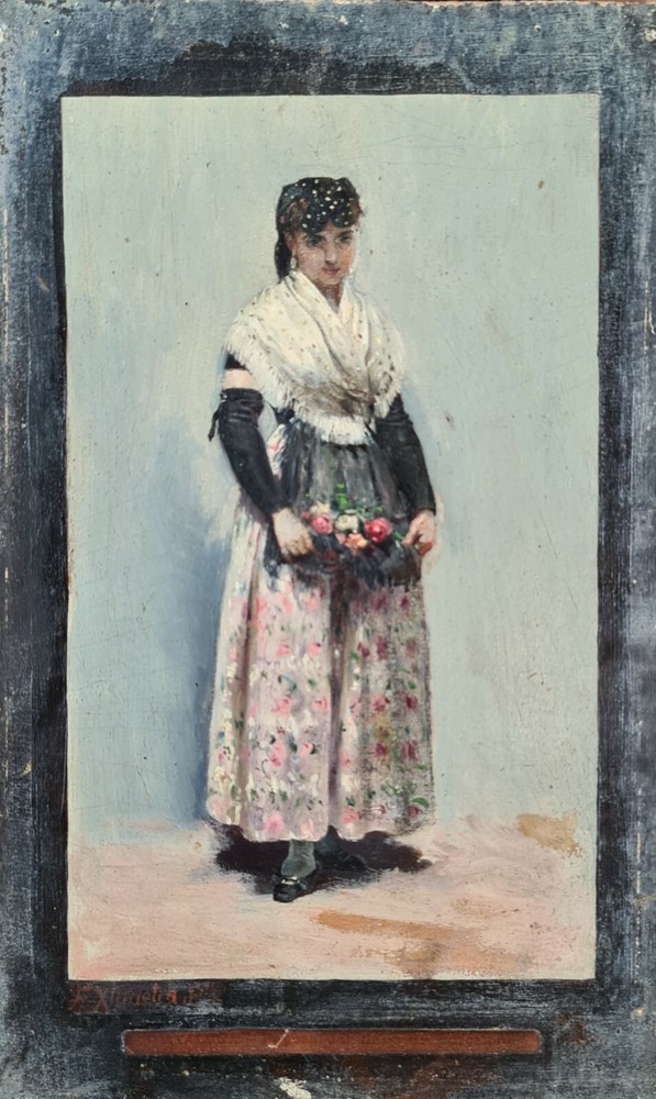 REGIONAL SPANISH COSTUME. OIL ON CARDBOARD. FERNANDO XUMETRA. XIX CENTURY.