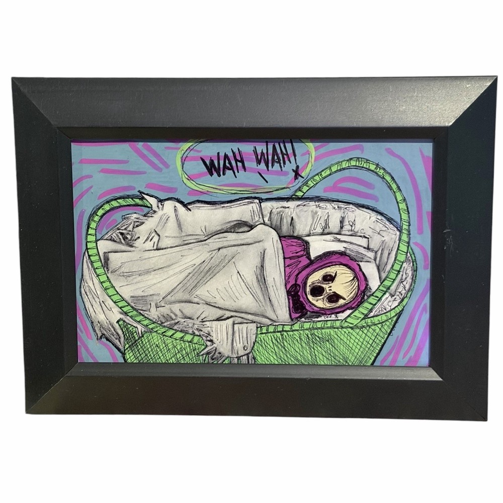 Original Painting Crying Angry Ghost Baby Framed Ooak Art Weird Horror Halloween