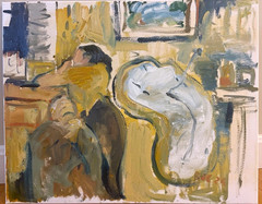 16”x20” Figures In Interior Cubist Surrealism Oil Painting Original Signed
