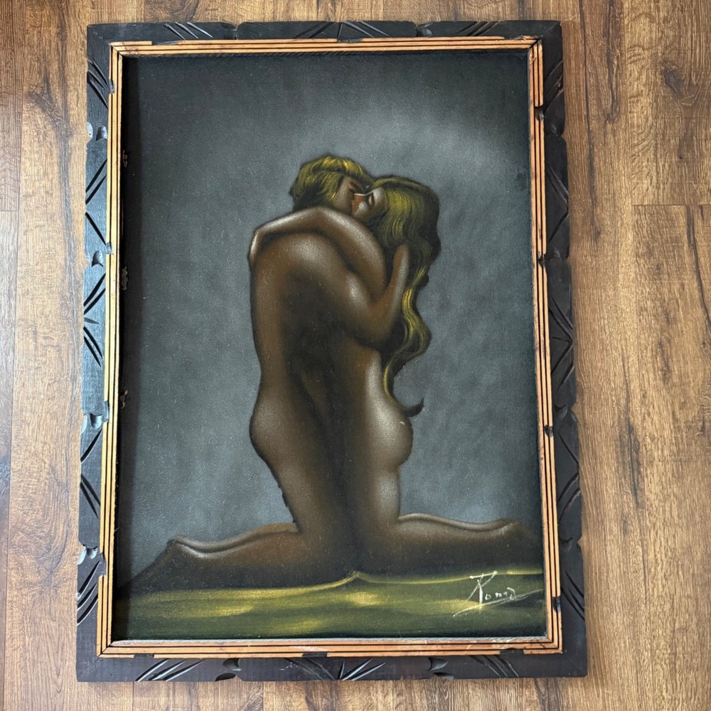 Vintage 70’s Black Velvet Oil Painting Nude Couple Embracing Signed Framed 39″x2