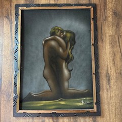 Vintage 70’s Black Velvet Oil Painting Nude Couple Embracing Signed Framed 39″x2