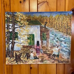 Vintage Original Folk Art Painting River Scene Signed 1987 Canvas