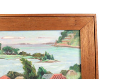 Mid Century Coastal Village Scene Village Oil Painting Illegible Signature 1952